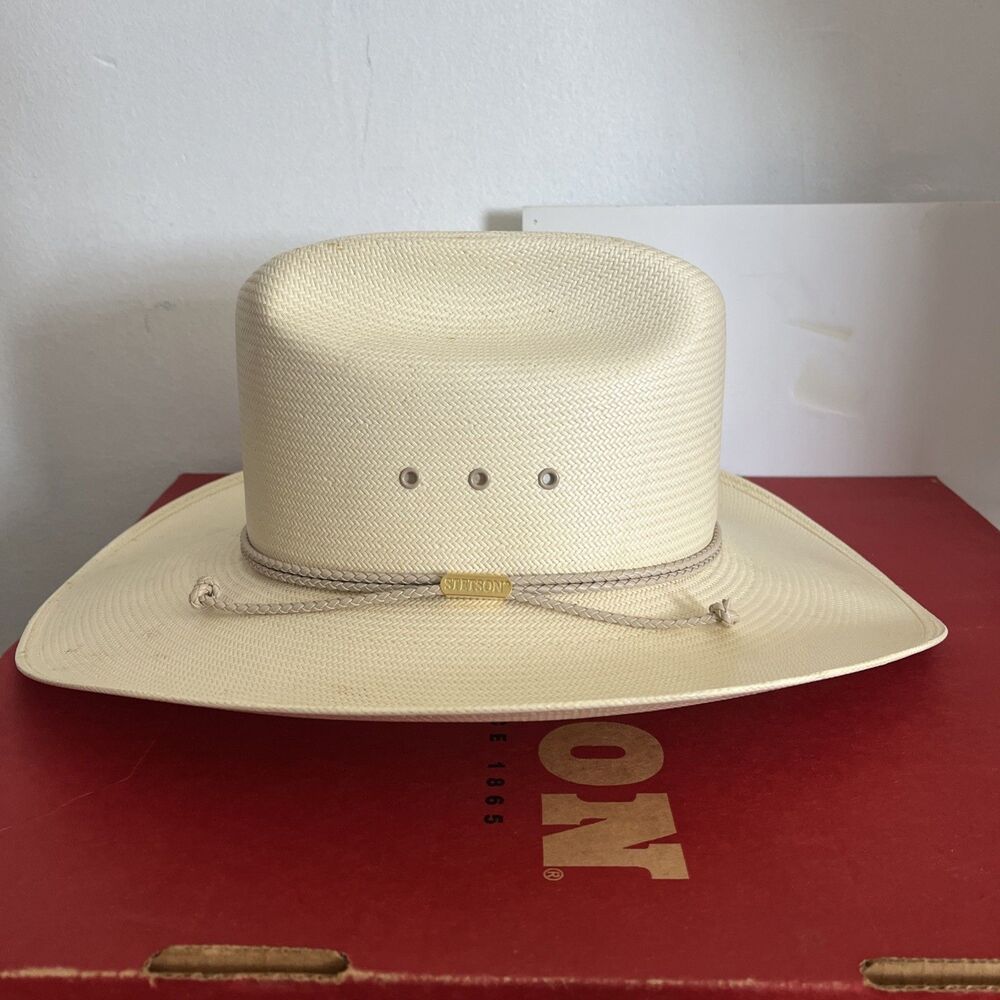 Vtg JB Stetson Cowboy Hat Shantung Panama Natural Cream 7 1/8 R Spots Orig Box